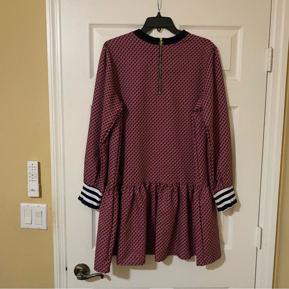 Addison Bay Long Sleeve Ruffle Hem Red White & Blue Patterned Mini Dress - Picture 6 of 11
